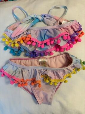 Raj Pastel Tie-Dye Bikini Set with Rainbow Pom-Poms